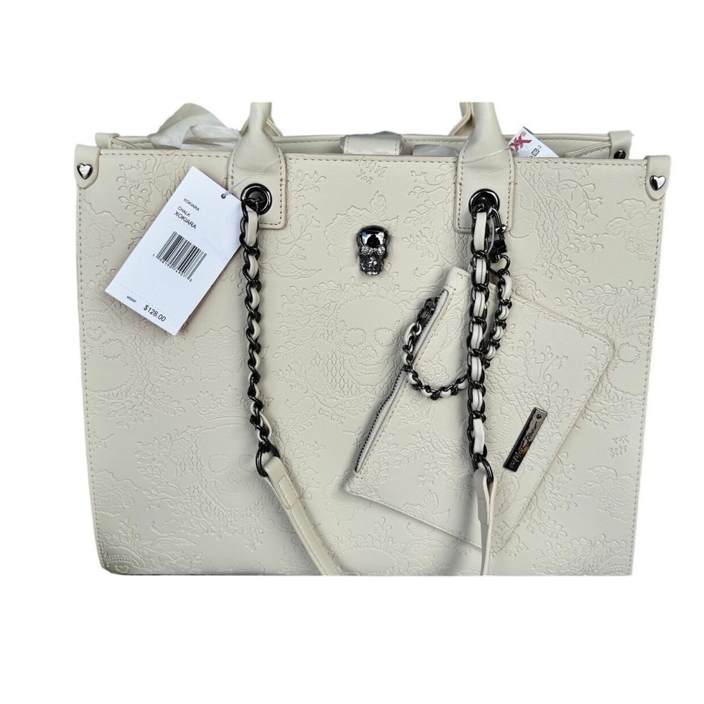 Betsey Johnson XOKIARA Chalk Embossed Skull Floral Tote Bag Satchel with Pouch